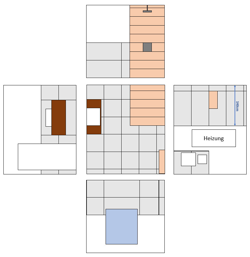 Mehrteilige Grundrisse von Wohnräumen mit Möbeln und Heizungsbereich.