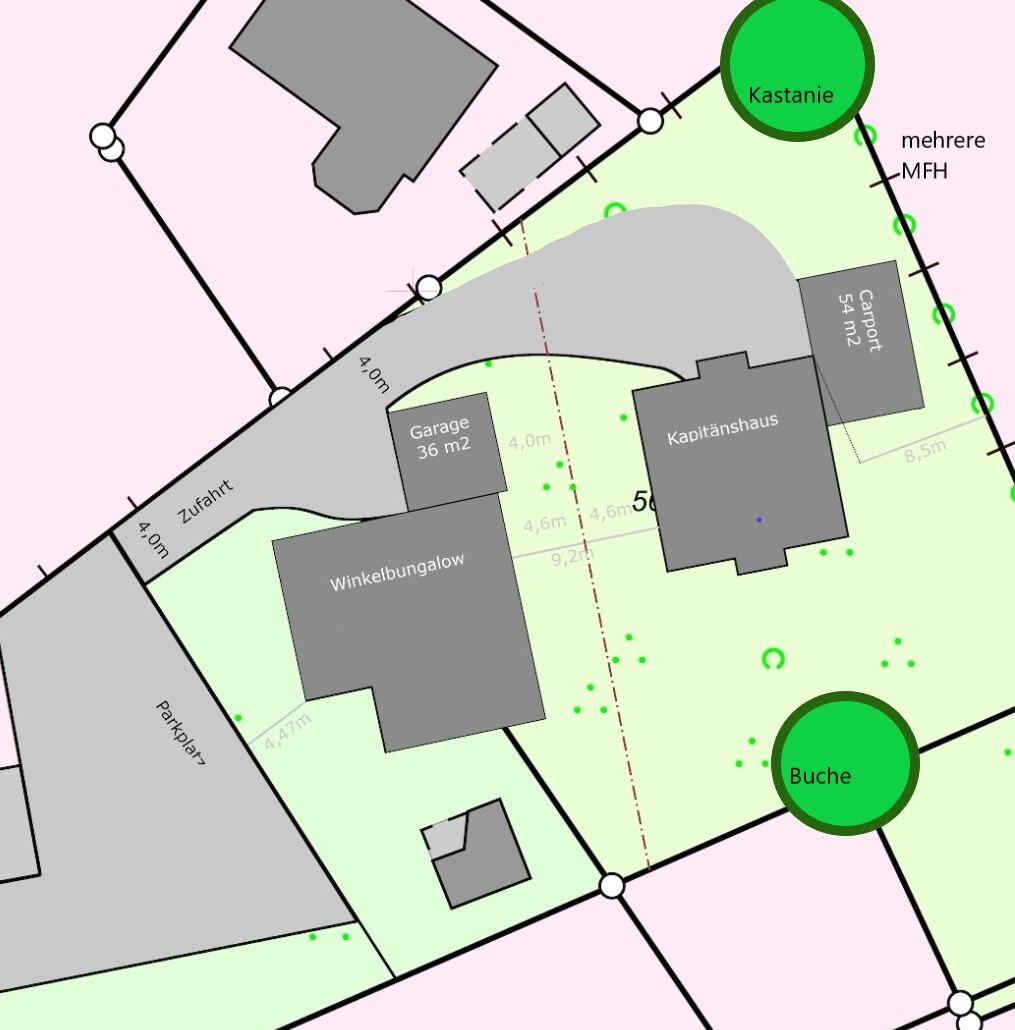 Site plan of the building plot with buildings, driveway, garage, and garden area.