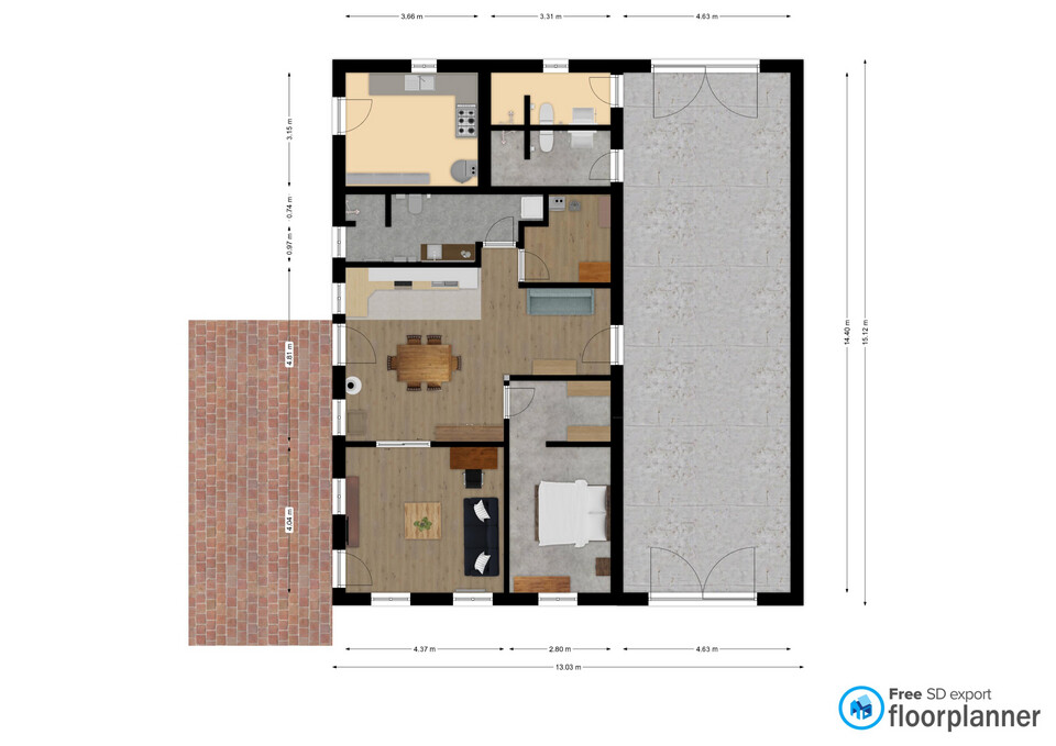 Grundriss eines Hauses: Küche, Essbereich, Wohnzimmer, Schlafzimmer, Bad, Garage, Terrasse.