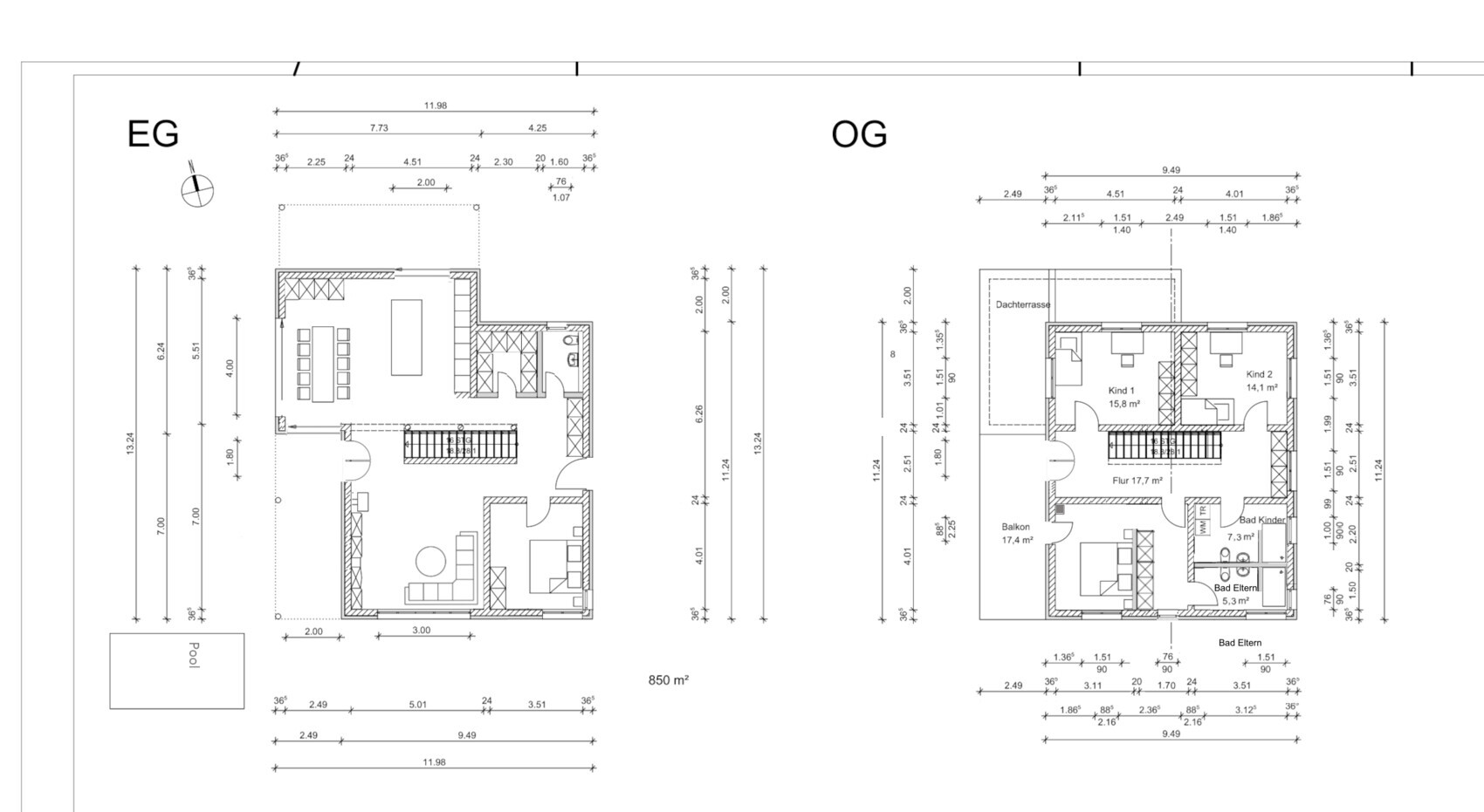 Grundriss eines Hauses: EG und OG mit Treppenhaus, Küche, Wohnzimmer, Schlafzimmern, Pool.