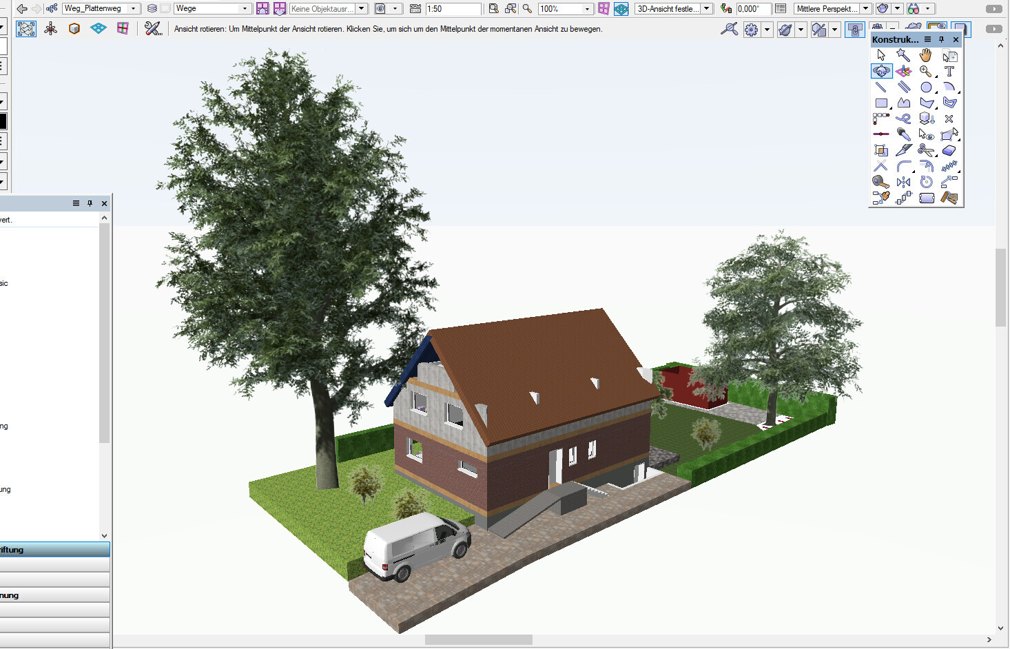 3D-Ansicht eines zweistöckigen Hauses mit braunem Dach, Garten und weißem Lieferwagen.