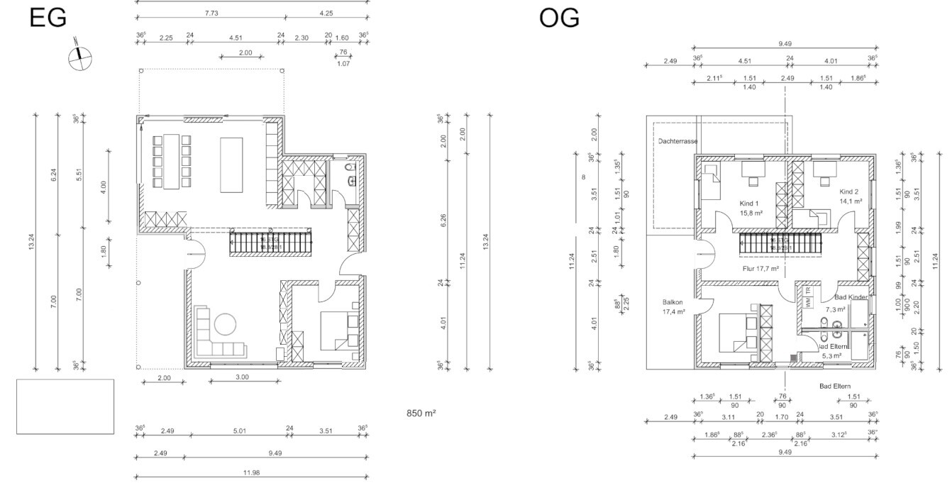 Two-story house floor plan: ground floor with living area, kitchen; upper floor with two kids’ rooms, hallway, balcony.
