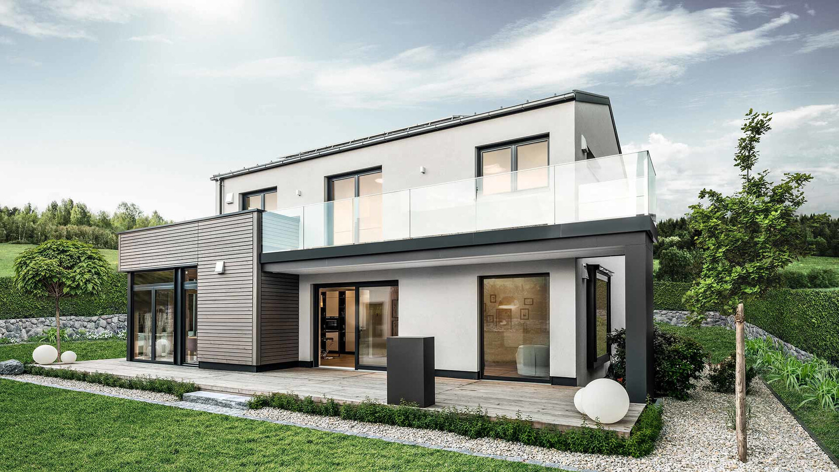 Modern two-story house with glass balcony, terrace, and garden.