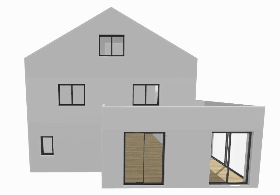 Modern gray house with pitched roof and flat roof extension featuring glass fronts and wooden flooring.