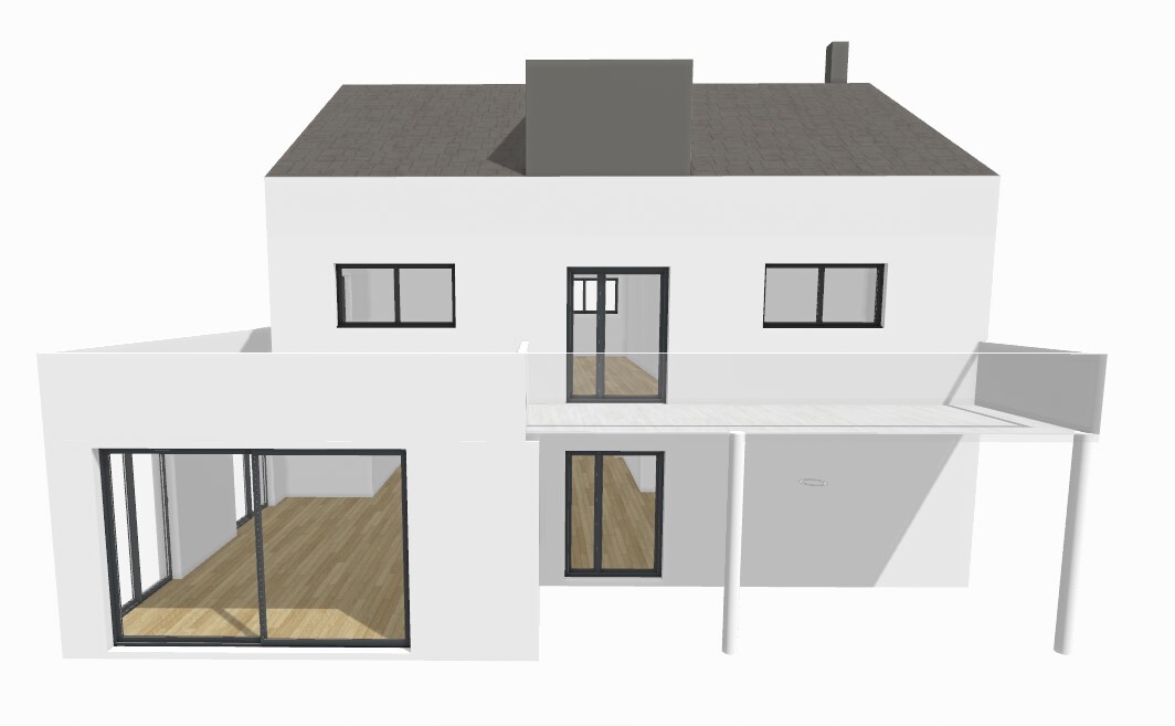 Modern white two-story villa with large sliding glass doors, interior wooden flooring, and terrace.