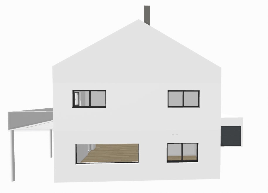 Modern white single-family house with pitched roof, chimney, carport on the left, and wooden terrace.
