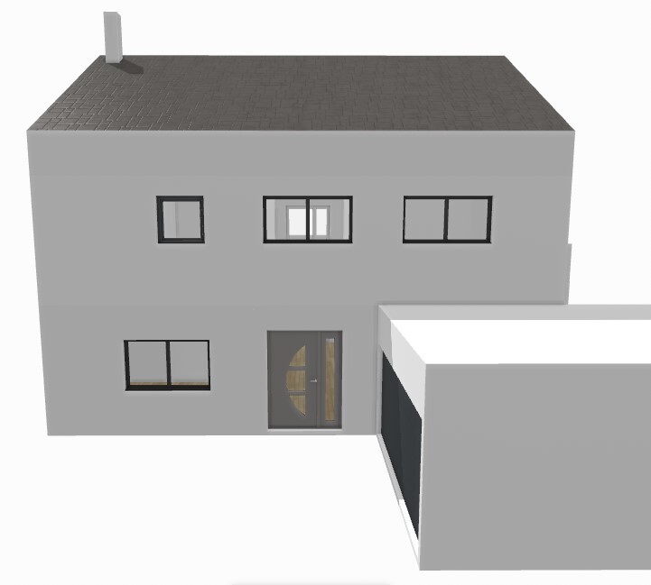 Gray two-story house with flat roof, several windows, entrance door, and garage on the right.