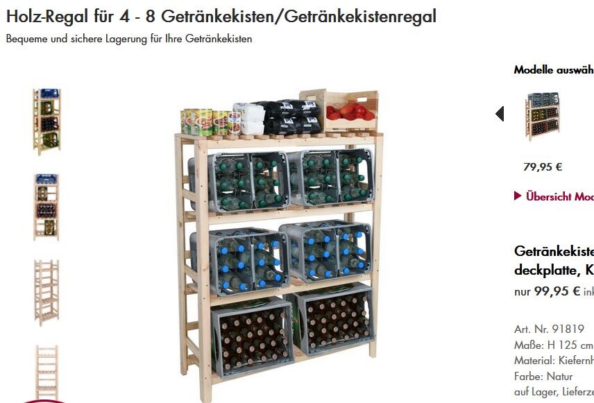 Wooden shelf for 4–8 beverage crates with bottle crates on multiple levels.