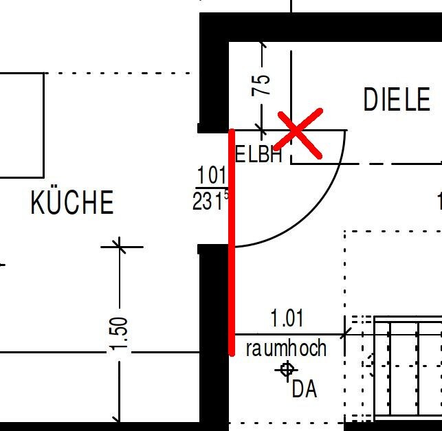Floor plan of a living area: kitchen on the left, hallway on the right; door to the corridor is marked in red.