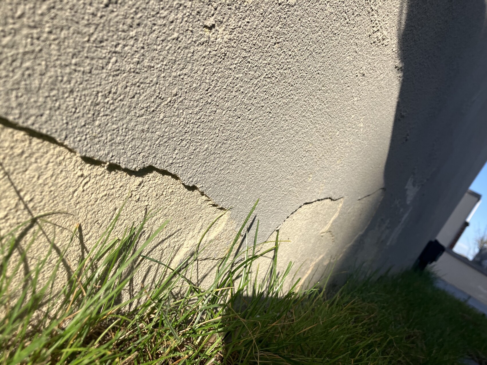 Cracked concrete wall with grass at the base; building edge in the background.