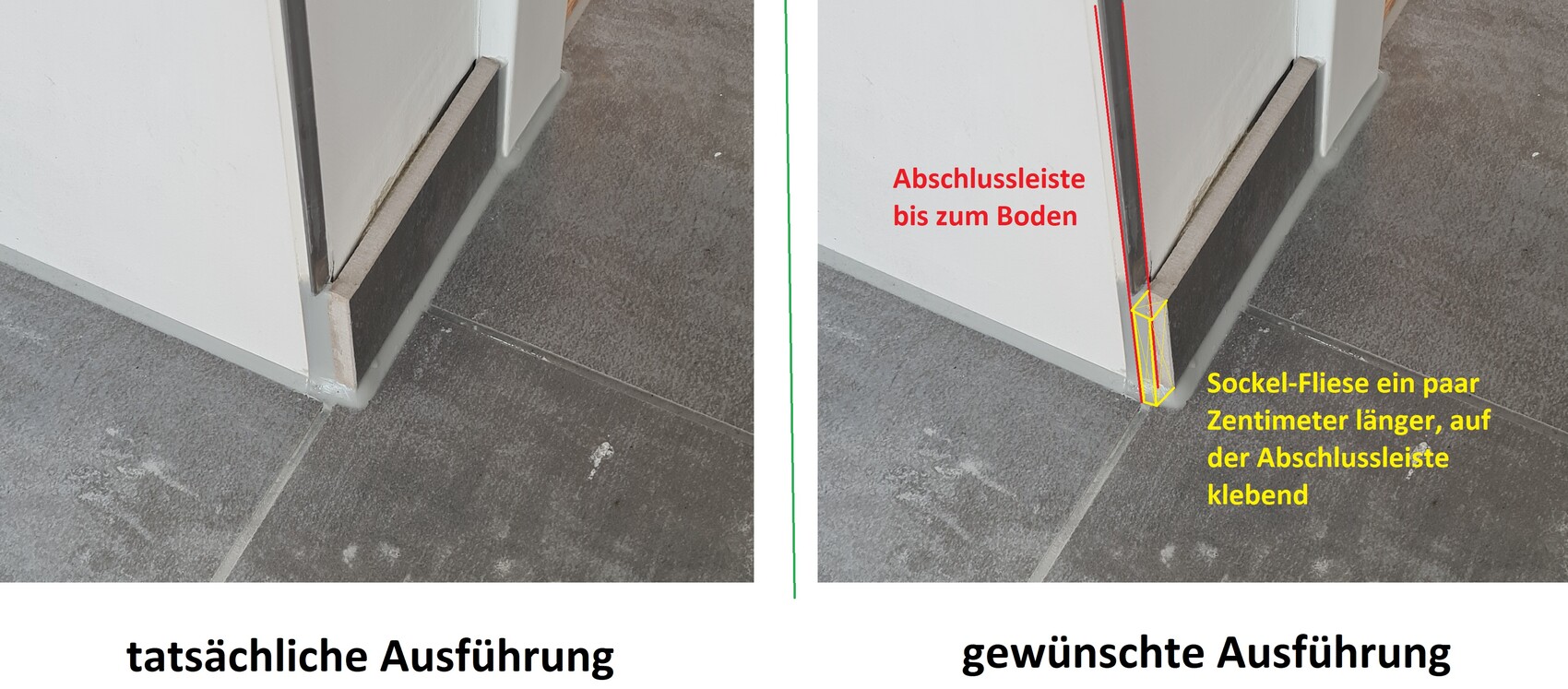 Before and after: floor junction at door; left side incorrect, right side corrected.