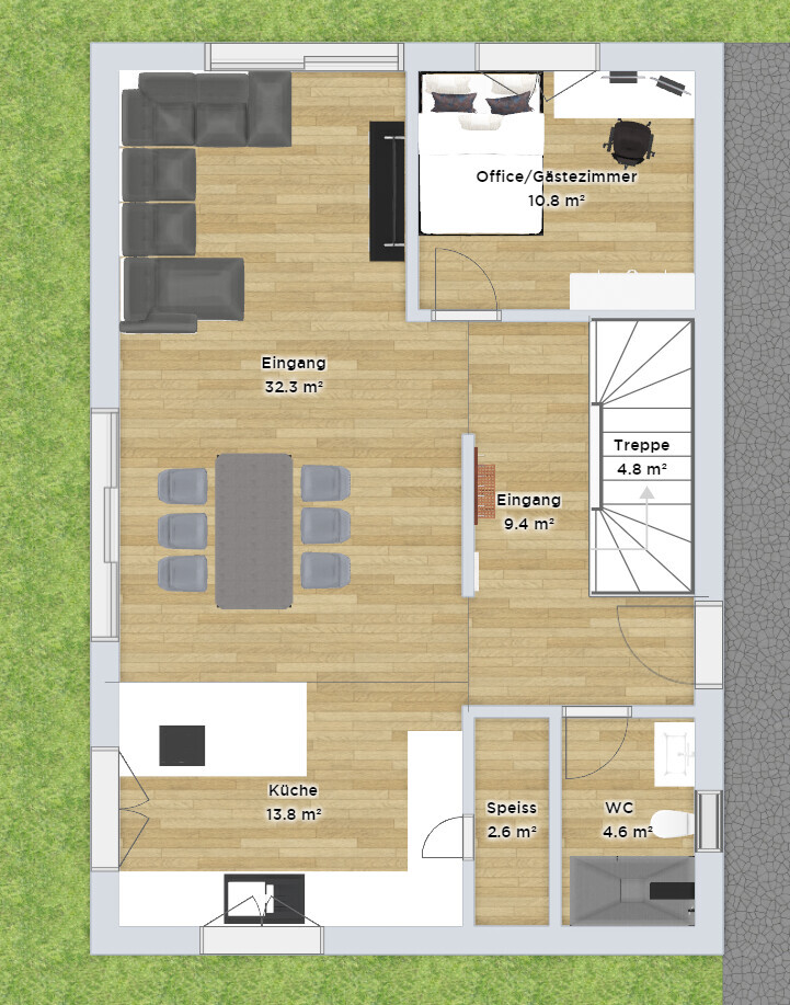 Floor plan of a house: living room, dining area, kitchen, office/guest room, stairs, WC, pantry.