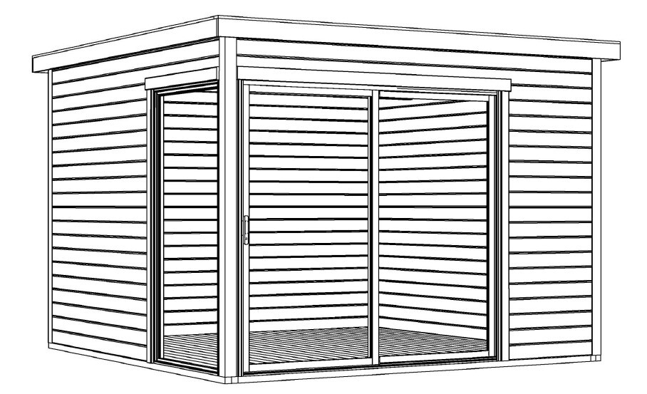 3D sketch of a small wooden house with horizontal cladding and sliding doors