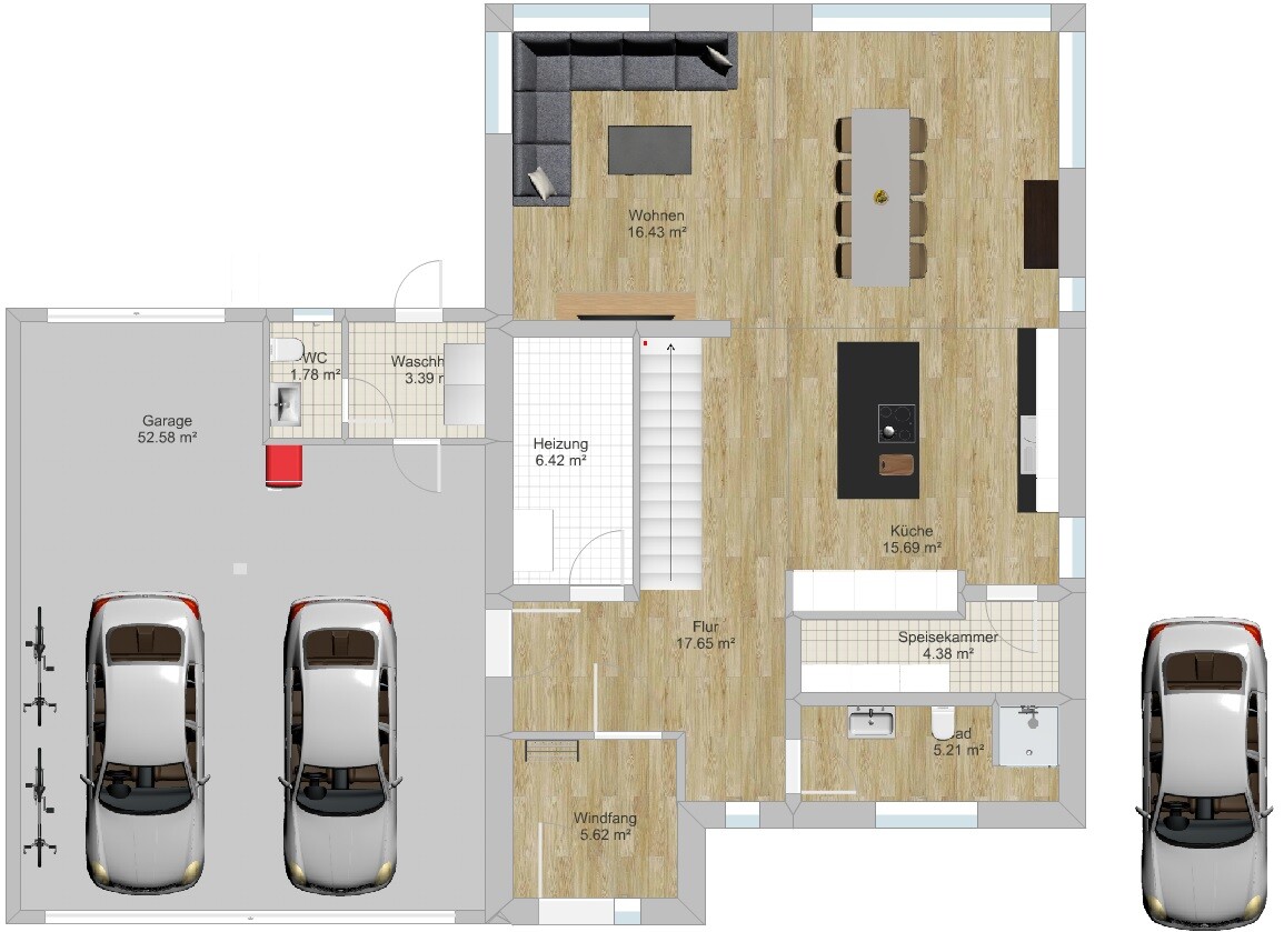 2D floor plan of a house with living room, kitchen, bathroom, pantry, and garage
