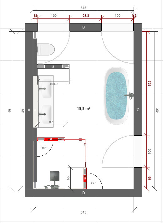 Draufsicht eines Badezimmer-Grundrisses mit Badewanne, Toilette, Waschbecken und Türen.