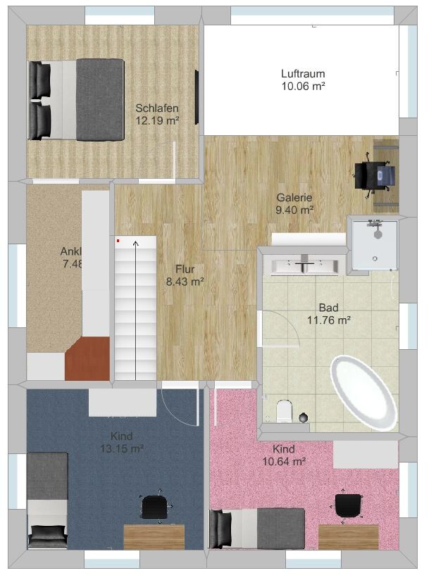 Grundriss eines Mehrzimmer-Hauses mit Schlafzimmer, Bad, Flur, Galerie und Kinderräumen