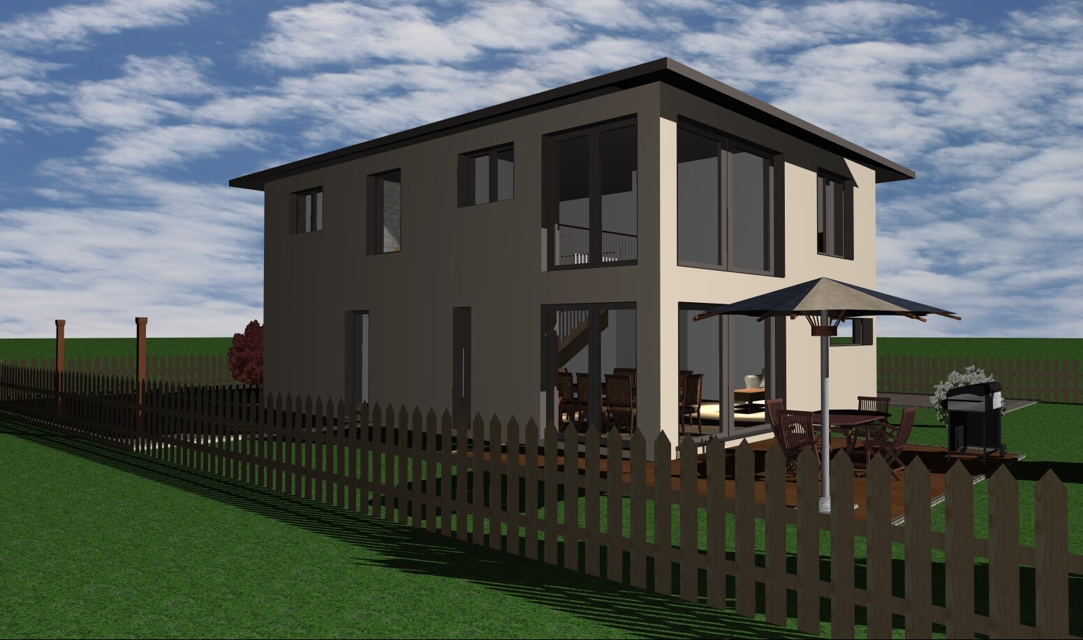 Modern two-story house exterior with terrace, fence, and outdoor garden
