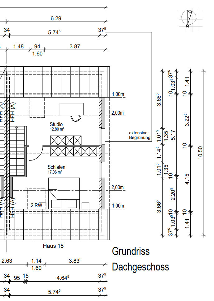 Attic floor plan with studio and bedroom, architect’s plan