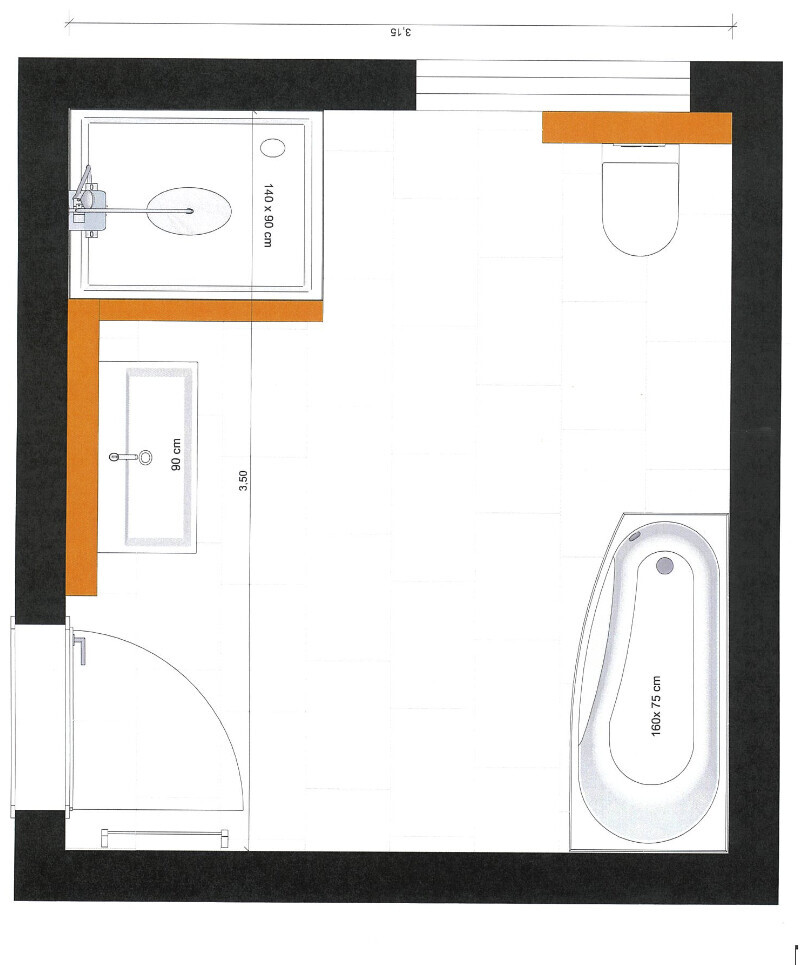 Grundriss Bad: Dusche links, Waschbecken mit Ablage, Badewanne rechts, Toilette, Tür.