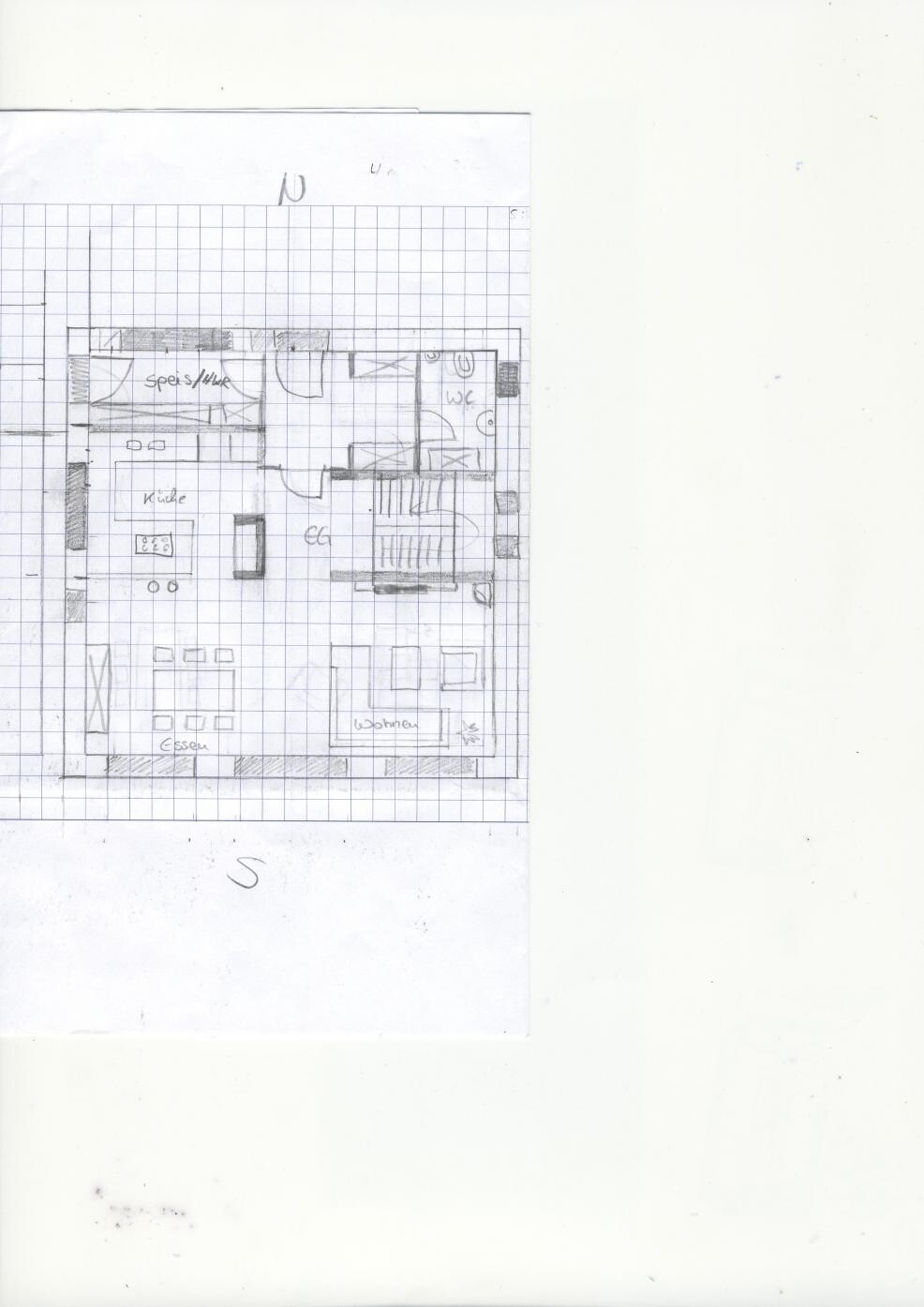 Hand-drawn floor plan sketch of a house with kitchen, pantry, WC, and living room