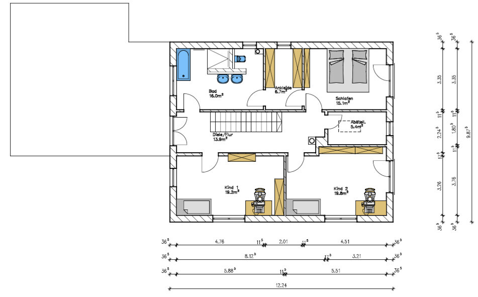Floor plan of a house: Hallway, bathroom, walk-in closet, bedroom, two children’s rooms, storage room.