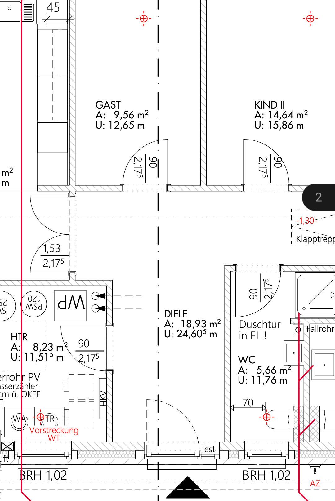 Architektur-Grundriss: Räume GAST und KIND II, DIELE, Türen, Maße.