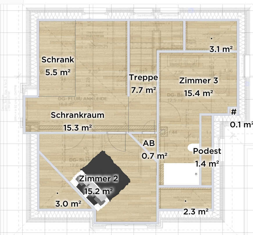 Grundriss eines Innenraums mit Schrank, Schrankraum, Treppe, Zimmer 2 und 3 sowie Podest.