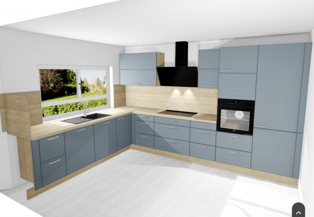 Moderne L-Küche mit blauen Schränken, Holz-Arbeitsplatten, Spüle und Ofen.