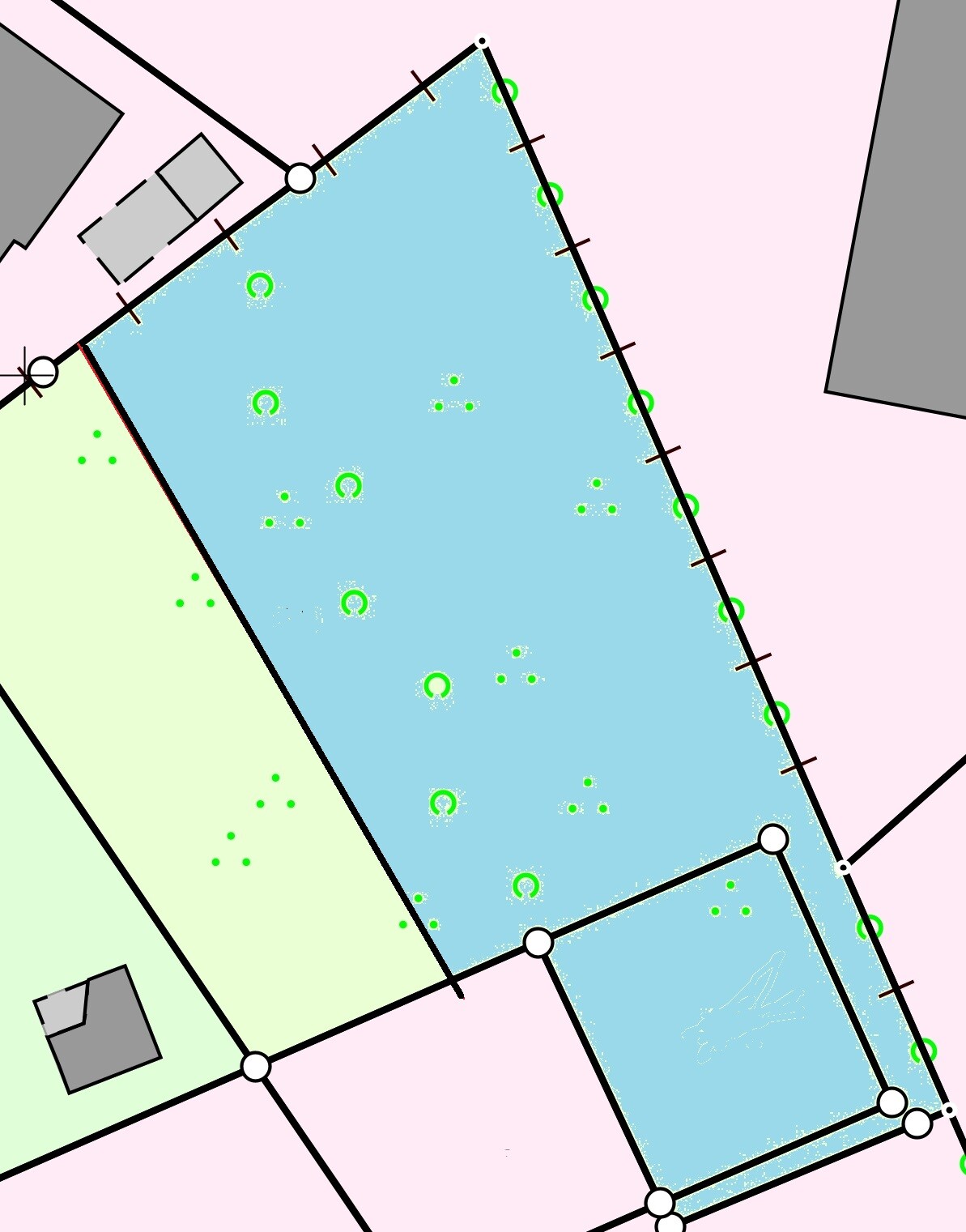 Site plan: Blue water basin, groups of trees and adjacent plots/buildings.