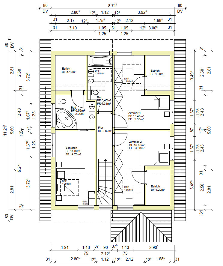 Attic floor plan: hallway, stairs, two rooms, bedroom, two bathrooms, storage.
