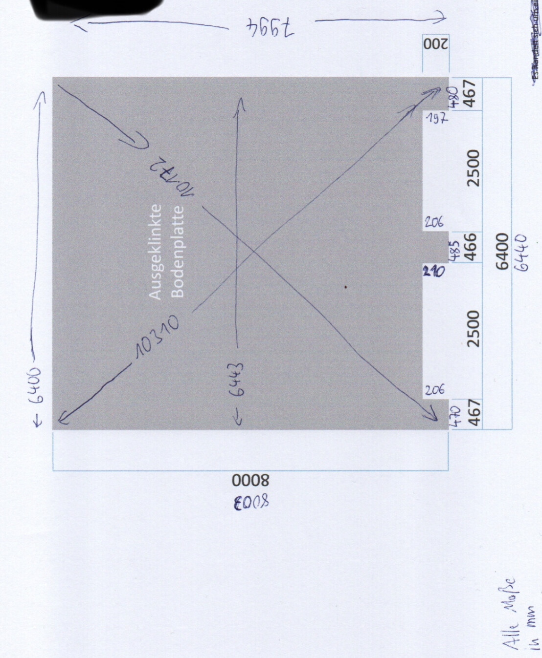 Top view of grey foundation slab with crossing diagonal lines (X-shape) and dimension annotations.