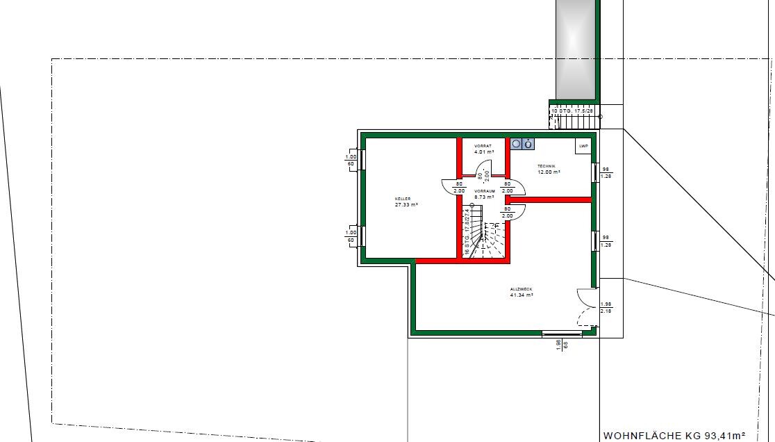 Floor plan of a basement with rooms, stairwell and color-marked walls