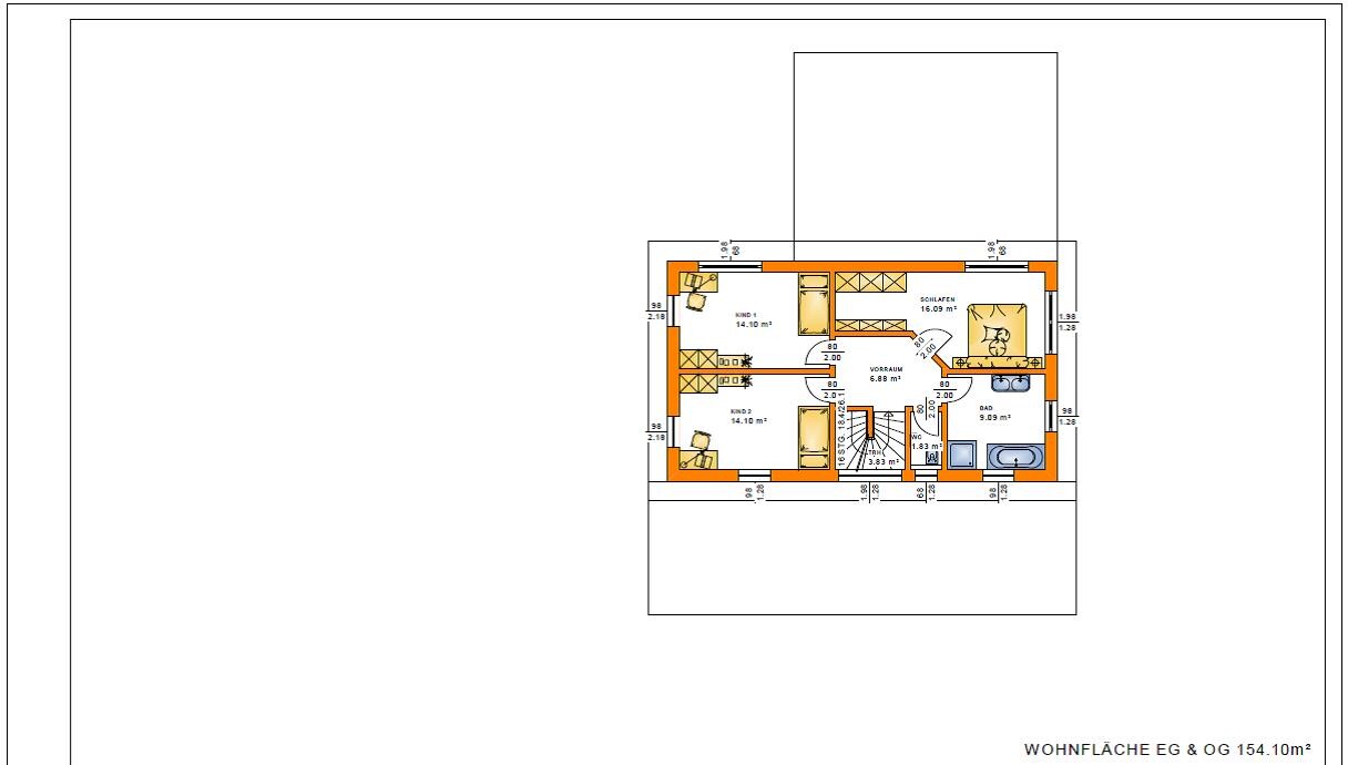 2D floor plan of a house with bedrooms, bathroom, hallway and stairs
