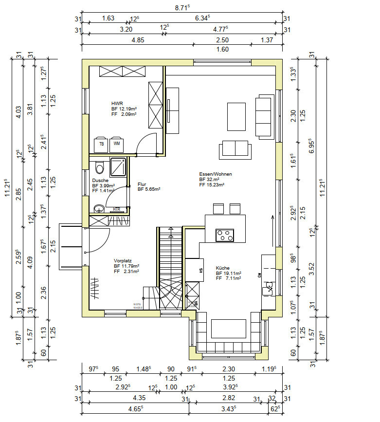 Floor plan of a house: kitchen, dining/living, utility room, shower, hallway, entrance area.