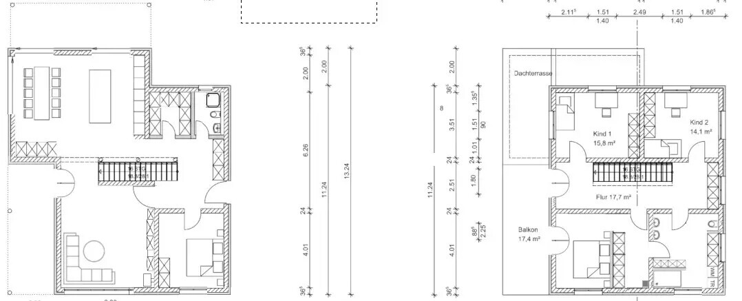 Floor plan: ground floor with living room, kitchen; upper floor with hallway, two children's rooms, balcony, roof terrace.