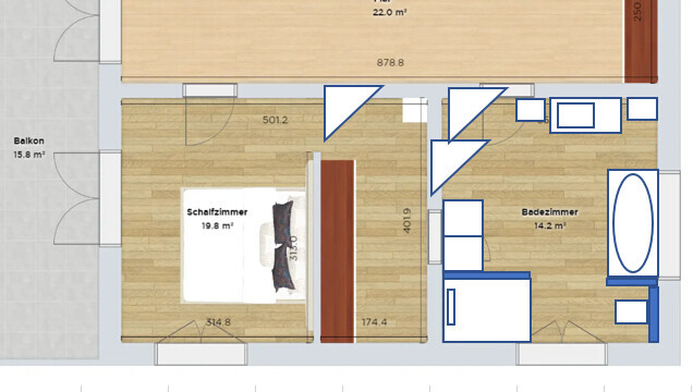 Floor plan of an apartment: bedroom, bathroom, hallway, balcony on the left.