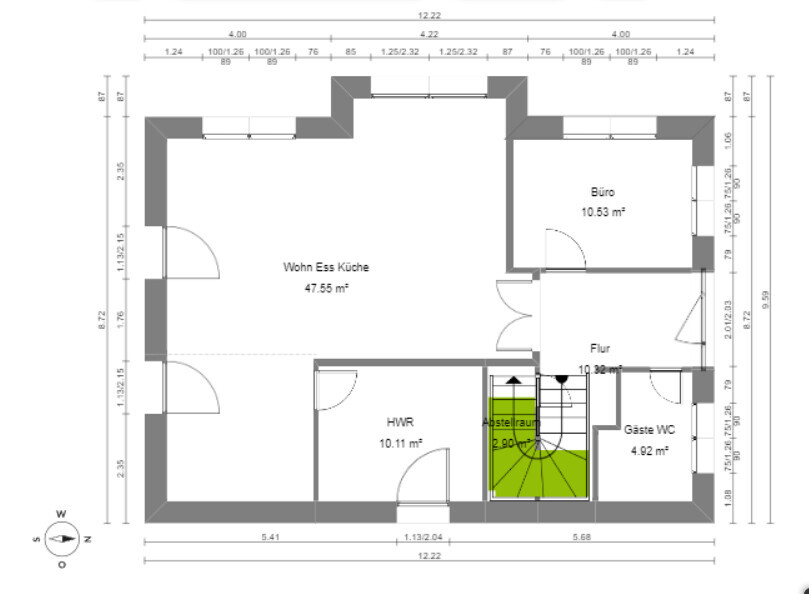 Floor plan of a house with living area, office, utility room, hallway, storage room, and stairs.