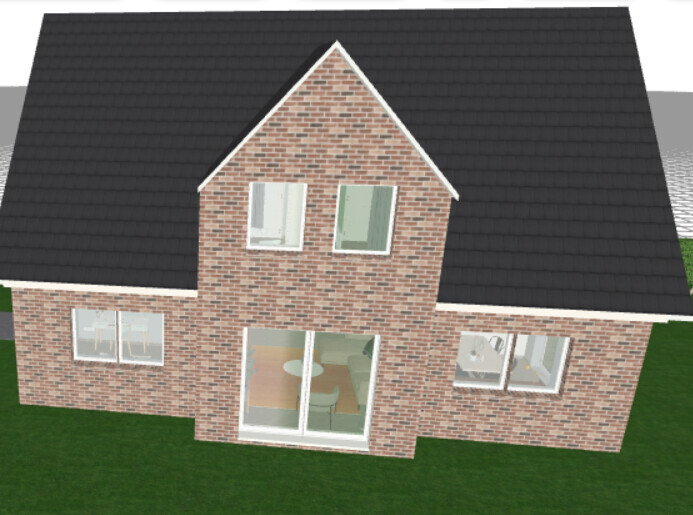 Two-story brick house with black pitched roof, large windows and glass sliding door onto lawn
