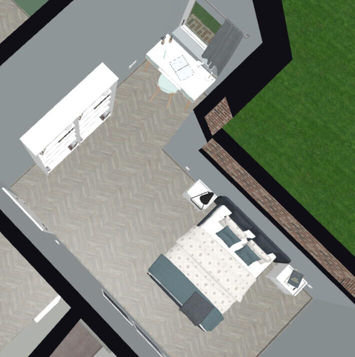 Top view of a bedroom: bed with nightstands, desk by window, shelf, herringbone floor.