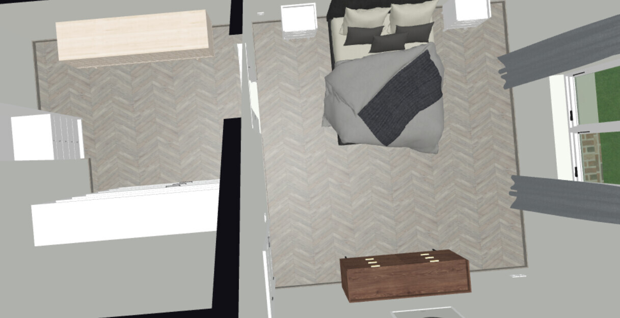 Top view of bedroom: bed in center, wooden dresser at bottom, window on right with curtains.