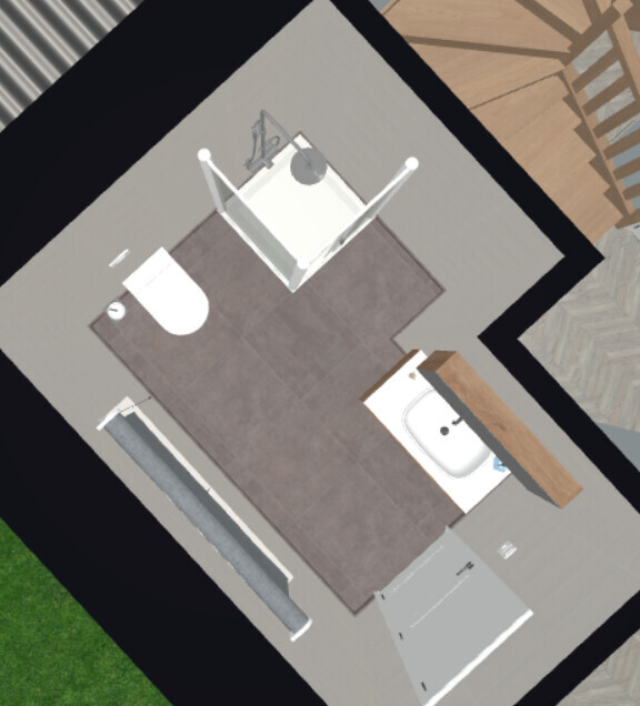 Isometric bathroom view with shower, toilet, bathtub and sink.