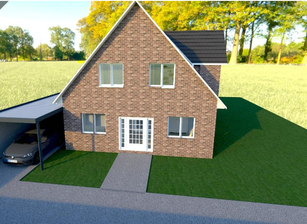Two-story brick house with pitched roof, carport with car and green front garden.