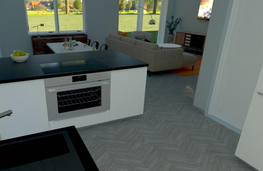 Open kitchen with island, oven, living room with sofa, TV, plants and garden view.