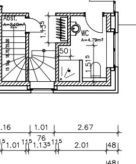 Detailed floor plan of a house with staircase and WC, showing entrances and dimensions