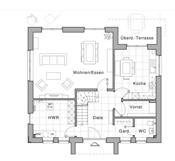 Grundriss Einfamilienhaus: Wohn-/Esszimmer, Küche, Vorrat, Diele, Garderobe, WC, HWR, Terrasse.