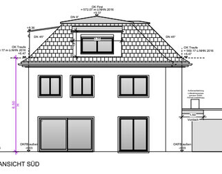 South view of a house with dormer, windows, and terrace door – architectural drawing