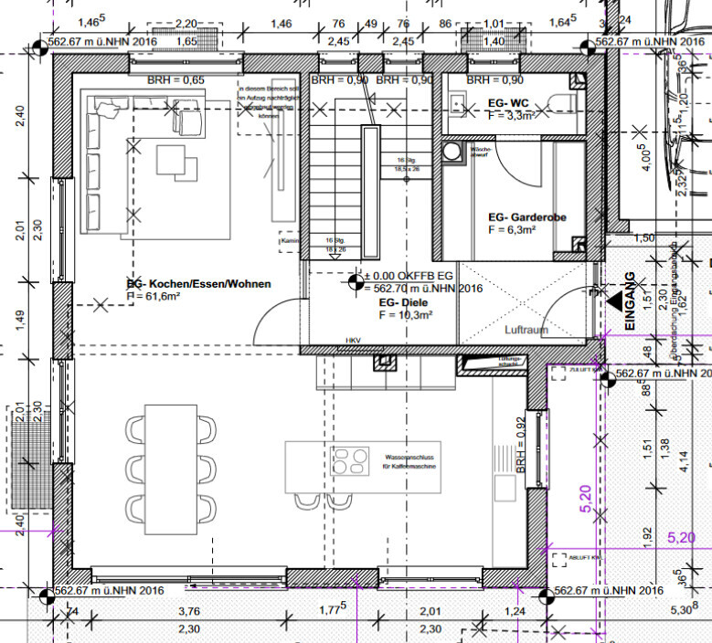 Ground floor plan: open kitchen/dining/living area, dining table, kitchen island, stairs, entrance.