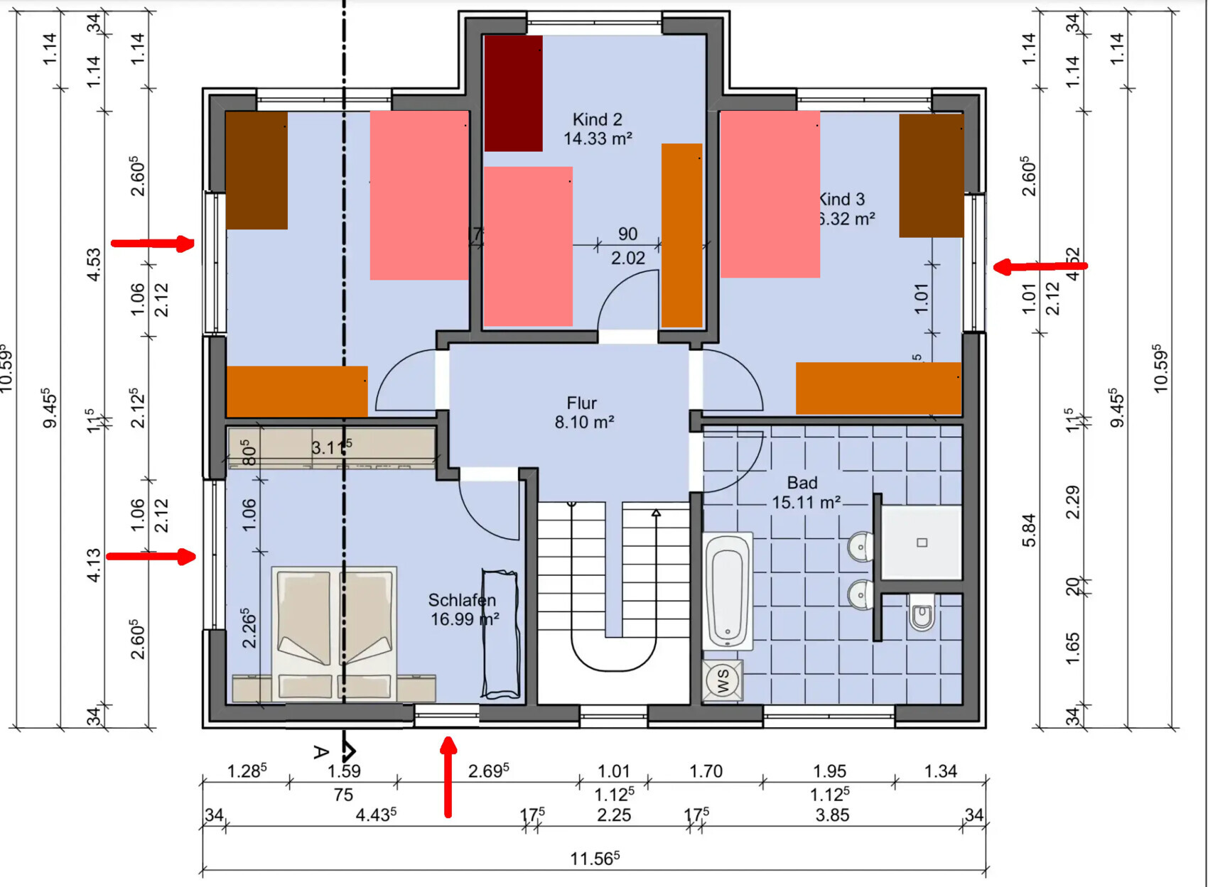 Floor plan of a residential house: hallway, bedroom, bathroom, child’s room 2 and child’s room 3.
