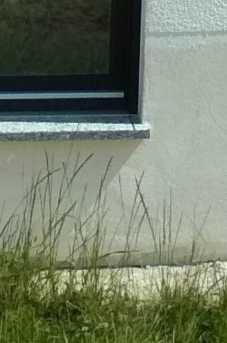 Exterior view of a window with stone sill and grass in front