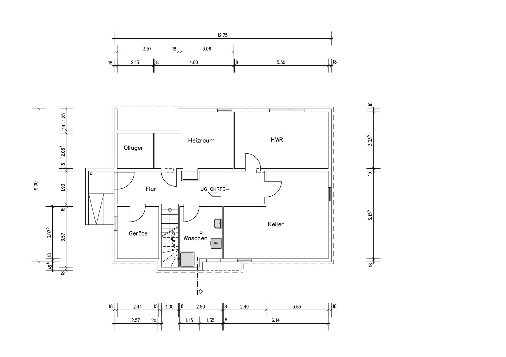 Basement floor plan with heating room, utility room, corridor, and cellar.